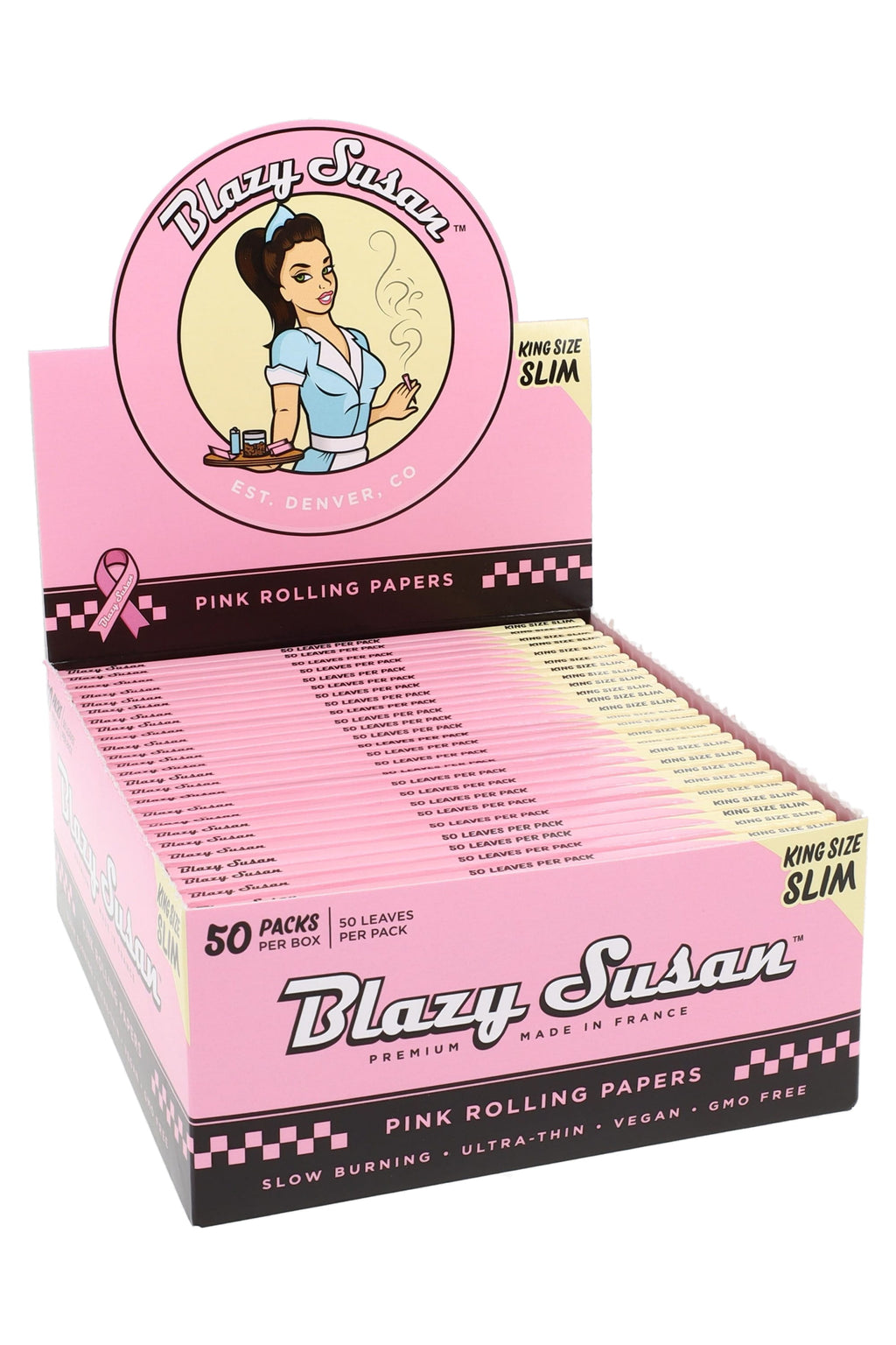 Blazy Susan King Size Slim Pink Rolling Papers – 50-Count Display